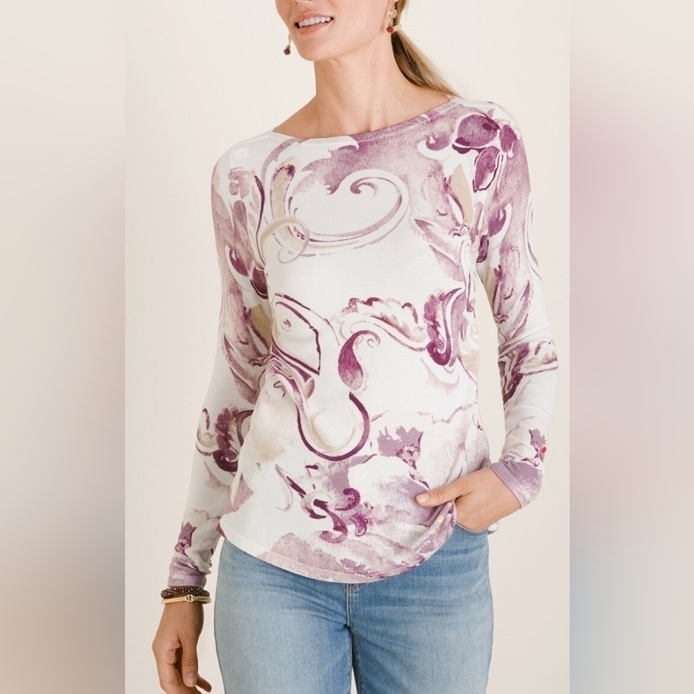 CHICO'S WARM-TONED PAISLEY PRINT SUPER SOFT PULLOVER TOP SIZE LARGE